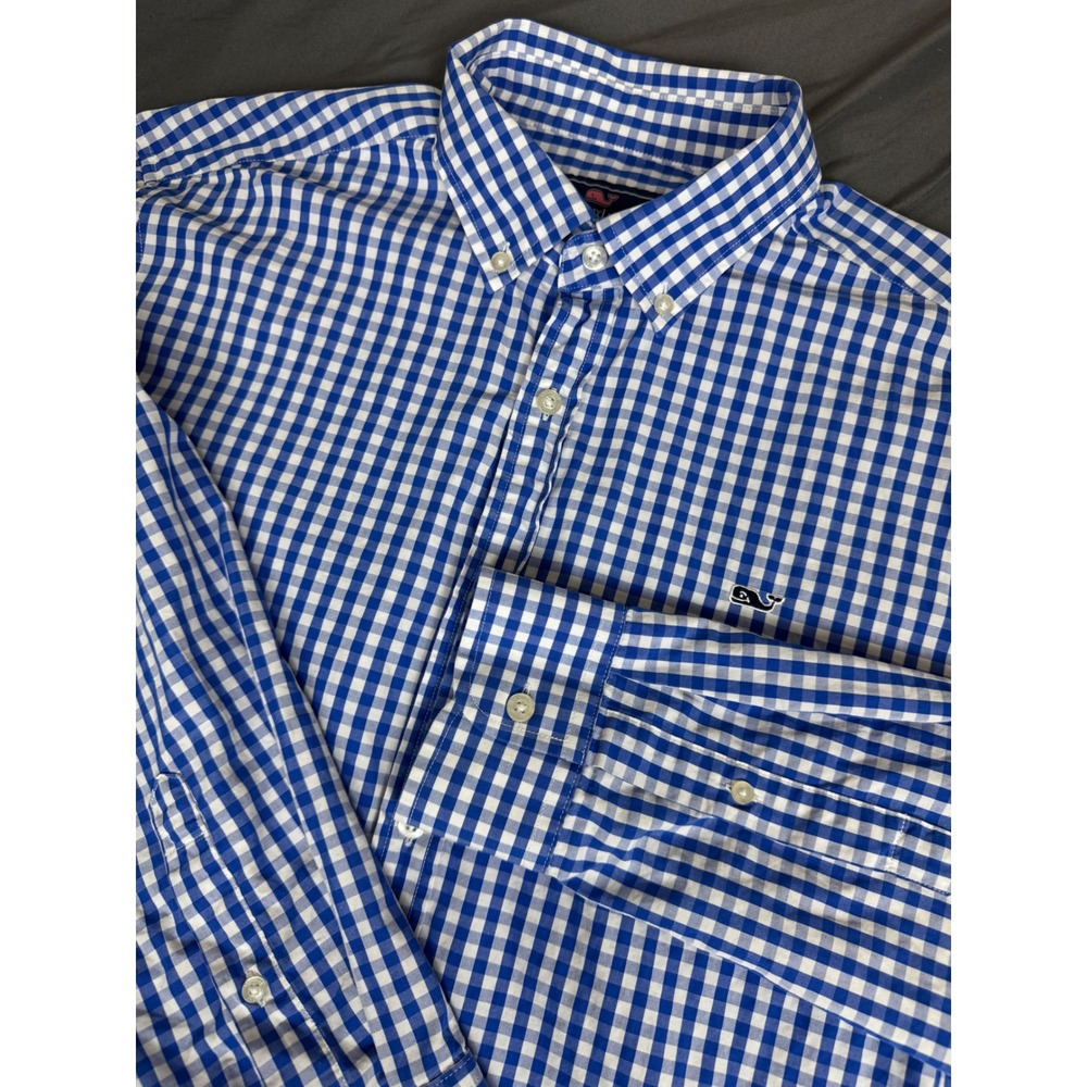 Vineyard Vines Mens Large Blue White Gingham Whale Shirt Button Down L/S
